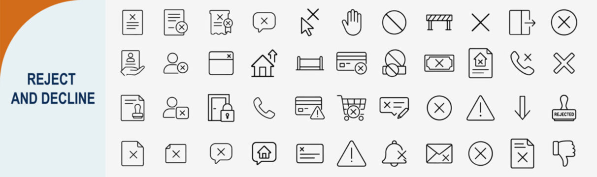 Reject and decline symbol icon set in thin line style