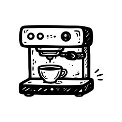Hand drawn espresso machine making coffee in a cup.