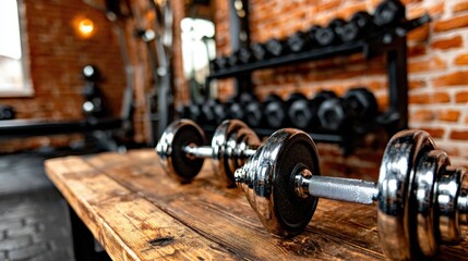 Weight lifting equipment on a wooden table in a gym filled with weights and exercise machines in a bright setting
