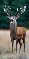 Red deer stag bugling in autumn meadow