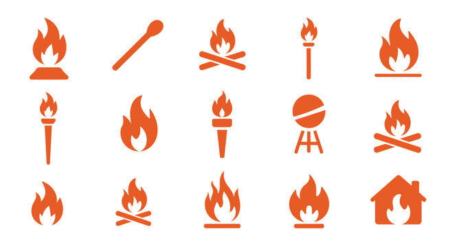 Fire flame vector icon set, showcasing burning fire elements including campfire and torch icons for heat and energy concepts.