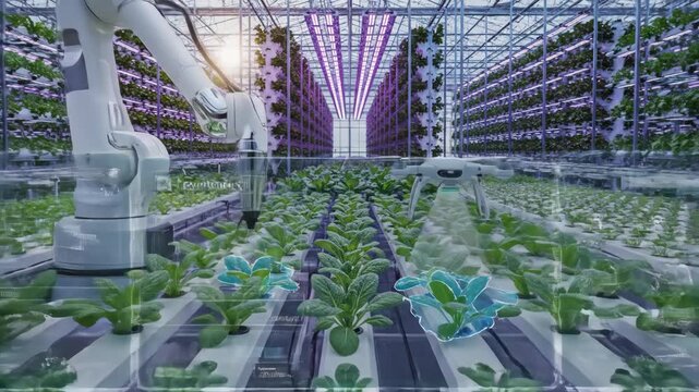 Automated Vertical Farm With Robotic Arm And Digital Interface Growing Fresh Produce Under Purple LED Lights