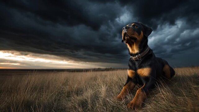 Rottweiler Guardian Observing Dramatic Sky over Grassy Field, Loyal Companion Under Stormy Weather