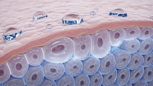 Detailed illustration of skin cells and moisture barrier showing hydration and protection