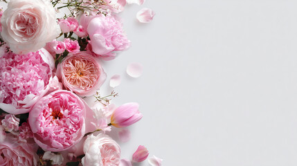 Bright pink flowers arranged on a plain background with petals scattered around showcasing different types of blooms and greenery