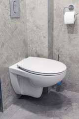 Modern ceramic white contemporary toilet in the bathroom of a residential house.