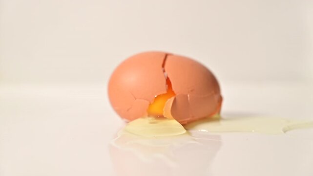 An egg falling and breaking open on the floor, white background