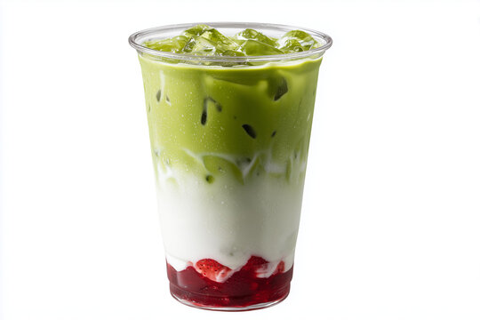 Layered iced matcha green tea with strawberry jam served in a clear plastic cup with ice. Colorful cold beverage featuring vibrant green and red contrast, clean studio lighting, isolated on white.