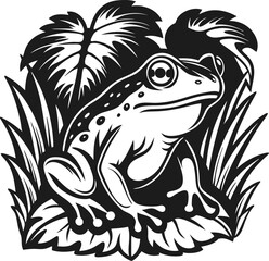 Obraz premium Frog sitting on lily pad surrounded by leaves and grass in black and white illustration