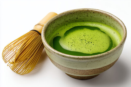 Traditional Japanese matcha tea bowl filled with smooth green tea and bamboo whisk resting inside. Authentic tea ceremony setup with natural ceramic texture and calm aesthetic, clean studio lighting.