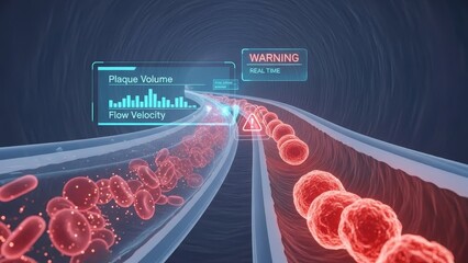 Augmented reality view of artery with high plaque and low flow velocity, medical warning indicator
