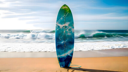 Blue surfboard sitting on sandy beach near ocean waves during sunny day, summer vacation activity and water sports equipment in tropical coastal landscape