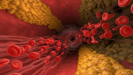 Blood flow in narrowed artery due to fatty plaque buildup, medical visualization