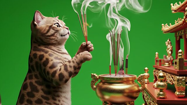 Cute Pixie Bob Cat Standing in Front of Decorated Temple with Incense Sticks Against Green Screen for Celebration and