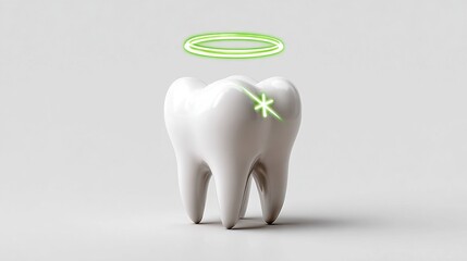Porcelain tooth model with green light effect and halo on a neutral background