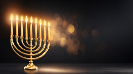 Menorah with nine candles lit during Hanukkah celebration in a dimly lit room with bokeh background