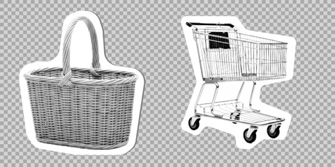 Shopping cart and picnic basket set, retro halftone pop art sticker style illustration for retail and grocery © Vladislav
