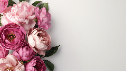 Flowers in shades of pink arranged on a flat surface with green leaves for decoration or design purposes