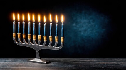 Menorah with nine candles lit during Hanukkah celebration in a dark setting at night