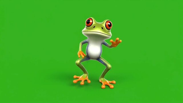 A cheerful frog dances enthusiastically on a green background, swinging its arms and bouncing with rhythm.