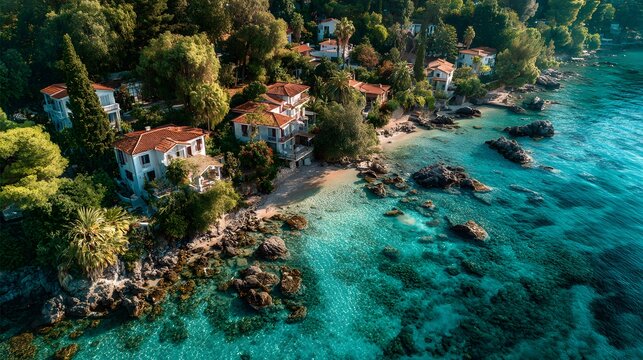 Aerial view shows luxury coastal villas nestled in trees near the beach with turquoise ocean and a summer vacation vibe in high angle shot.