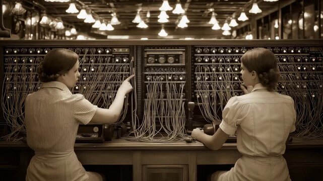 Two operators women connect telephone lines at a switchboard with many wires and lights in a historic setting