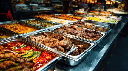 Buffet table filled with various dishes in a food market during the evening hours providing a wide selection for diners