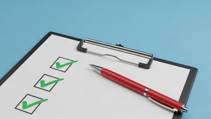 Checklist with green checkmarks on clipboard and red pen