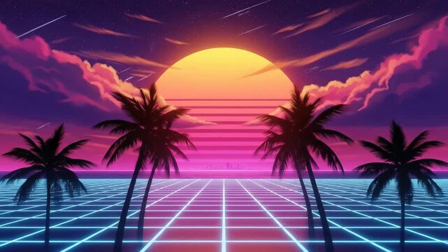 retro 1980s synthwave landscape with glowing neon grid and palm tree silhouettes. futuristic sunset background with purple sky and stars. music album cover, party flyer