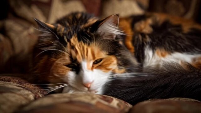 Tranquil calico cat lounging peacefully on a patterned cushion under soft lighting serene feline