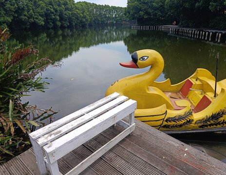 The tourist water duck toy was damaged because it was abandoned and there were no visitors.