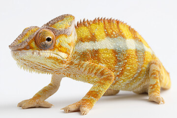 Obraz premium Colorful chameleon standing on a white surface with detailed textured skin and vibrant patterns. Exotic reptile animal portrait with sharp focus and natural colors, clean studio photography, isolated 