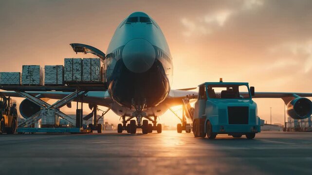A freight airplane is at the airport as cargo is being loaded while the sun sets in the background