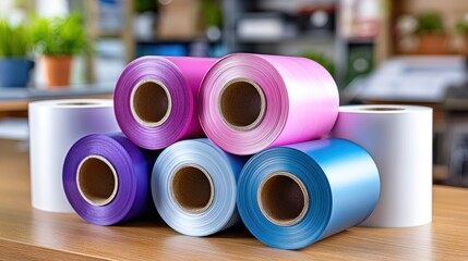 Bright rolls of colored paper stacked on a table in a workspace setting