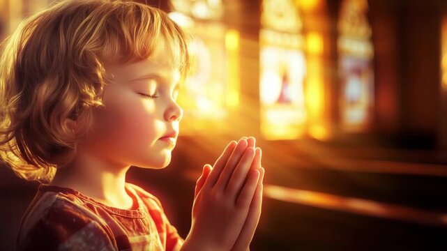 A child with curly hair is praying with hands clasped while soft light enters through stained glass windows in a church during evening time