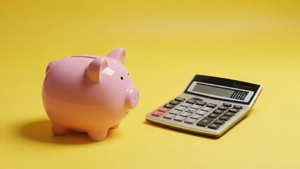 Pink piggy bank and calculator for smart financial planning and savings