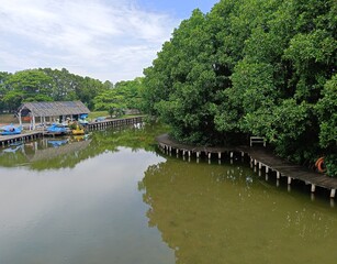 Obraz premium The advantages of Semarang mangrove tourism are for environmental education, coastal conservation, and family recreation with attractive facilities, such as contemporary photo spots, local culinary de