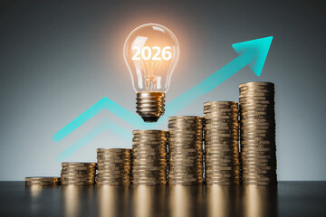 Stacks of coins rise with a glowing line chart toward a light bulb labeled 2026, symbolizing investment strategy, financial planning. 3d rendering.