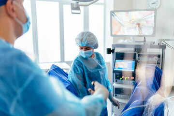 Endoscopic monitor showing internal view during gynecological laparoscopic surgery