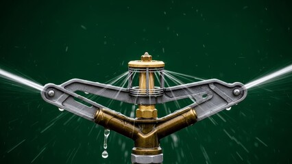 Detailed view of rotating metal impact sprinkler watering plants with water drops falling down