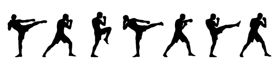 Martial arts silhouettes showing kicks and fighting techniques. Dynamic combat poses isolated