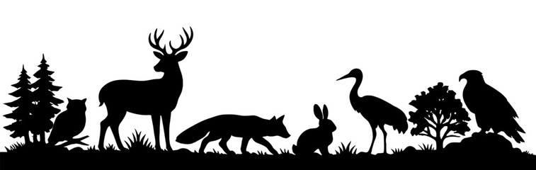 Obraz premium Wildlife silhouettes showing forest animals standing on natural ground with trees. Nature landscape composition isolated