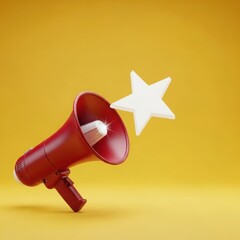 Red megaphone with shining star on yellow background