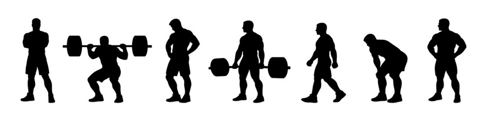 Obraz premium Athlete silhouette poses with barbell training. Strength and weightlifting workout actions