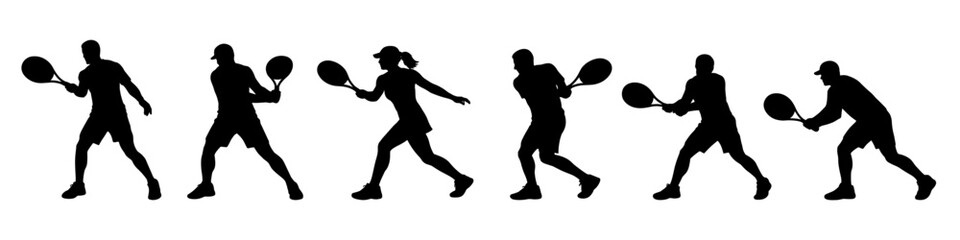 Tennis silhouettes with male and female players hitting forehand and backhand strokes. Racket sport action isolated