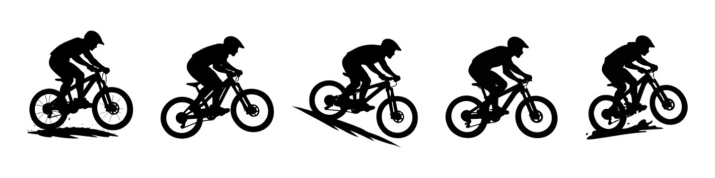 Mountain biking silhouettes with cyclist riding downhill and uphill on rough terrain. Extreme cycling action poses isolated