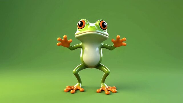 A cartoon frog dances joyfully, bending its knees and bouncing to an upbeat rhythm in a vibrant green environment.