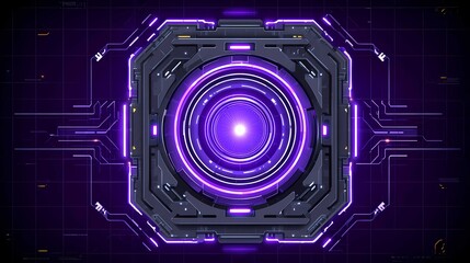Obraz premium Glowing purple energy core in futuristic circuit interface and HUD panel
