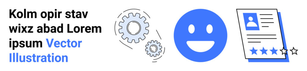 Fototapeta premium Human resources, recruitment, employee evaluation, job applications, career growth, data organization. Graphic includes gear icons, a happy face symbol and a resume with rating stars. Recruitment
