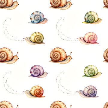 Whimsical Snail Pattern: A charming pattern of colorful, watercolor snails, each leaving a playful trail, perfect for adding a touch of whimsy and delight.